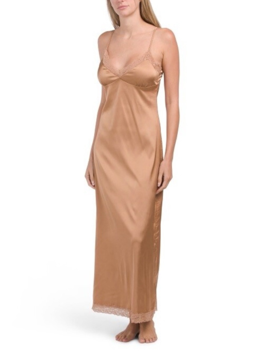 BELLE VERRE NOTTE Satin And Lace Tan Color Nightie Slip-dress Size S